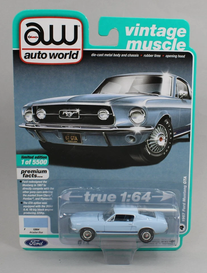 1:64 AUTO WORLD 2019 Premium 4B *ARCADIAN BLUE* 1967 Ford Mustang GTA *NIP* - Image 1 of 1