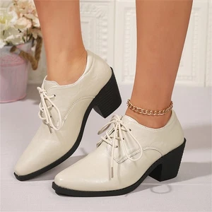 Women's Square Toe Chunky Heel Oxfords Brogues Up Work Office Dress Shoes - Picture 1 of 19