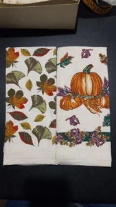 2 toallas de mano delgadas vintage con parche de hojas de otoño y calabaza años 80 Acción de Gracias Nuevo de Lote Antiguo - Imagen 1 de 21