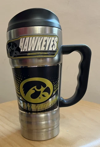 Iowa Hawkeyes 16oz Stainless Steel Coffee Travel Mug w Handle NWOT Cover