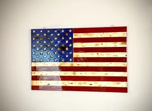 Wooden American Flag Rustic - Hand Carved Stars - Picture 1 of 5