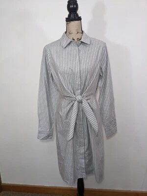 全新 Calvin Klein 衬衫裙 灰色/白色 条纹 长袖 领带 女式 尺码 8 — 第 1/4 张图片