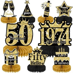 9pcs Black Gold 50th Birthday Honeycomb Centerpieces Vintage 1974 Table Toppers - Picture 1 of 6