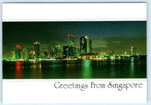 Greetings from SINGAPORE ~ Night Skyline SHENTON WAY 1988 ~ 4"x6" Postcard - Picture 1 of 2