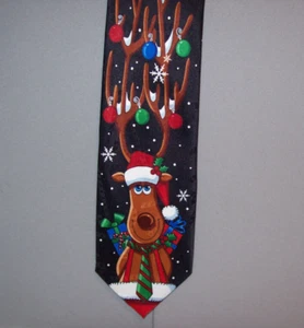 Hallmark Yule Tie Greetings DECORATED REINDEER Black Polyester 58" Neck Tie #707 - Picture 1 of 2