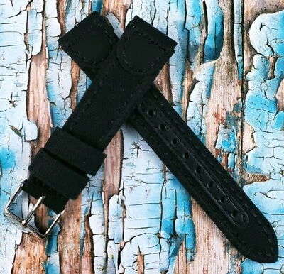 Hadley Roma 18mm Black Genuine Oil-Tan Leather & Canvas Watch Band / Strap MS868 - Image 1 of 4