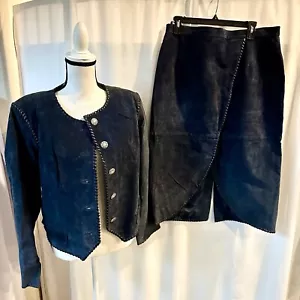 Margaret Godfrey Navy Blue Suede Leather Skirt Suit Jacket Skirt Sz 16 Women - Picture 1 of 14