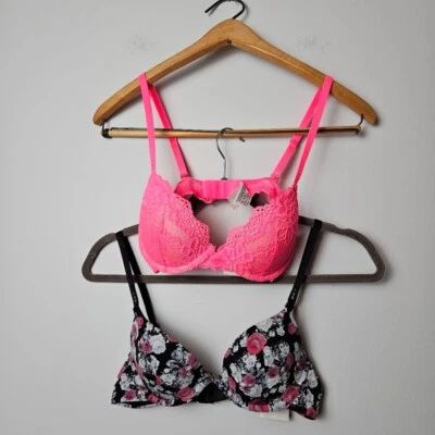 Set Of 2 PLBY Fredericks Of Hollywood Padded Bra Pink Lace Black Floral 32A NWT - Image 1 of 4