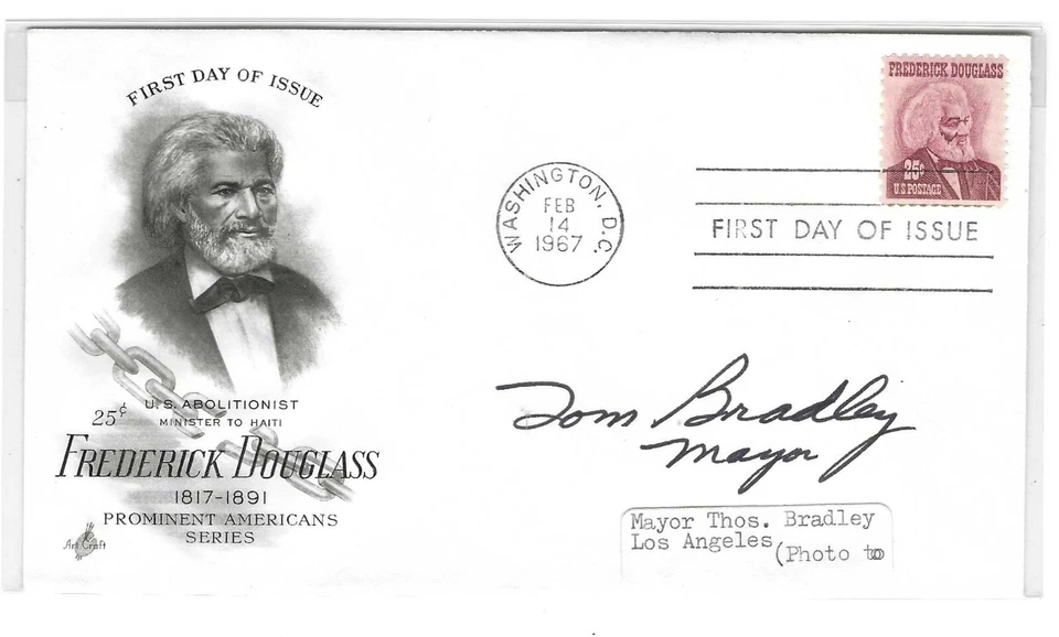US 1967 FDC WITH AUTOGRAPH OF MAYOR OF LOS ANGELES TOM BRADLEY - Image 1 of 1