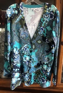 Isaac Mizrahi Live! Cardigan Women's Large Blue Floral Paisley L/S Cotton Nylon - Picture 1 of 15