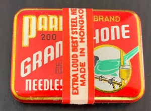 Grammofono vintage marca pappagallo 200 aghi sigillato latta Hong Kong - Foto 1 di 3