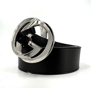 Auth Gucci Interlocking G Silver Buckle Belt 85/34 Black Leather Made in Italy - Picture 1 of 6
