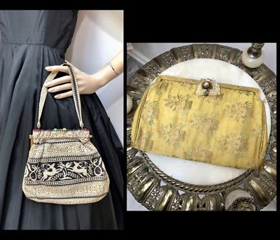 LOT-2) Antique 1930s PURSES DECO Deer Figural TAPESTRY & SILK BROCADE Lucite - Image 1 of 4
