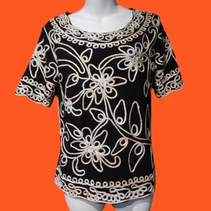 CAMISETA DE PUNTO VINTAGE CON ADORNO SOUTACHE DORADO adornada años 80 90 top negro M L 4B - Imagen 1 de 7