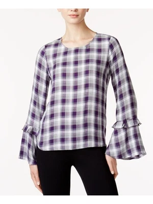 MAISON JULES Womens Purple Plaid Bell Sleeve Jewel Neck Blouse Size: XXS - Image 1 of 4