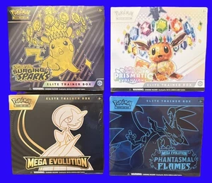 Pokemon 4 ETB'S 1 Each SURGING SPARKS, PRISMATIC EVOLUTION, MEGA & PHANTASMAL - Picture 1 of 2