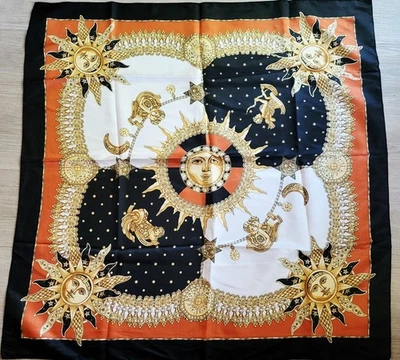 Bufanda De Colección Para Mujer Zodiaco Sol Celestial Satinado Naranja Negro Dorado 33x33 Foto 1 de 4
