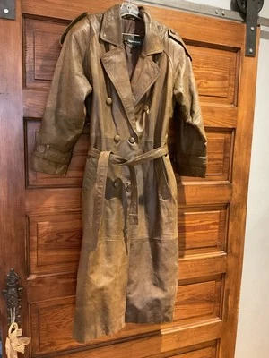 Винтажный y2K Maurices коричневый кожаный пыли длинная куртка Тренч L - Изображение 1 из 4