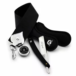 Juego de Afeitado Estilo Barbero Corte Recto Navaja de Garganta y Cuero Negro KIT DE REGALO - Imagen 1 de 5