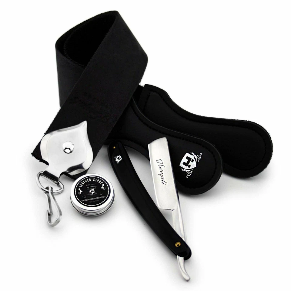 Juego de afeitado estilo peluquero corte recto garganta afeitadora y correa de cuero negro KIT DE REGALO Foto 1 de 4