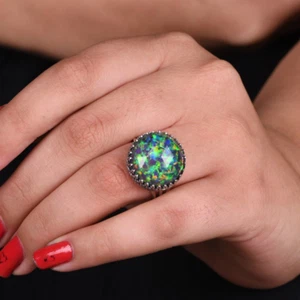 925 Sterling Silver Synthetic Green Fire Opal Gemstone Ring For Birthday Gift - Picture 1 of 6