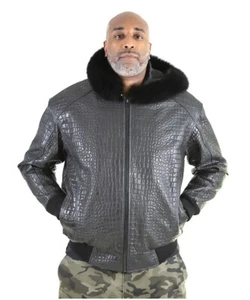 Men genuine Lambskin Alligator crocodile Pattern leather Fur Hood Jacket - Picture 1 of 4