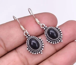 Black Onyx Oval Cabochon 925 Silver Jewelry Earring Handmade Gemstone AA - Picture 1 of 3