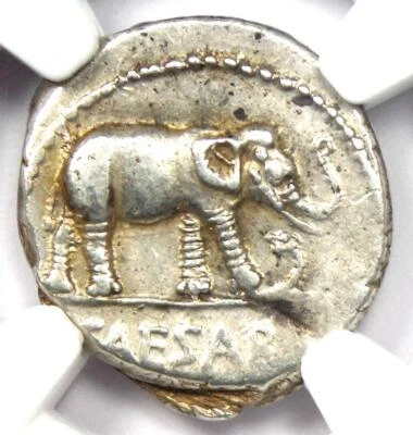 Julius Caesar AR Denarius Silver Elephant Roman Coin 49 BC - Certified NGC XF - Image 1 of 4