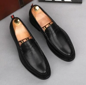 Herren handgefertigte Schuhe schwarz Leder runde Zehenpartie Halbschuh Slipper formelle Freizeitstiefel - Bild 1 von 4