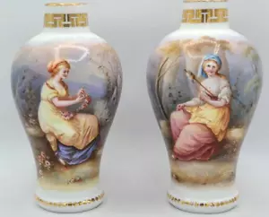 Antique Dresden Hand-Painted Pair of 7 1/4"H Vases. Work of Art. - Picture 1 of 17
