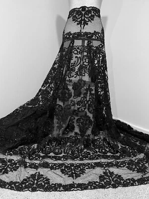 BLACK BEADED SEQUINS EMBROIDERY BEIDAL LACE FABRIC 50" WiIDE 1 YARD - Image 1 of 4