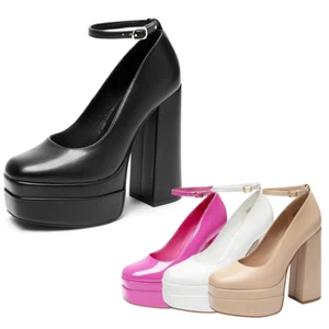 Women Platform High Chunky Heel Close Square Toe Ankle Strap Dress Pump Shoes - Picture 1 of 22
