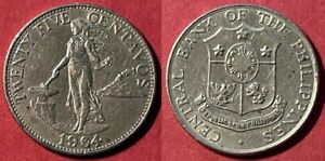 Philippines 1964 25 Centavos KM-189.1 Nickel brass XF #9 - US Seller