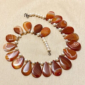 Red Agate Carnelian Teardrop & Genuine Pearl Beaded Necklace, Vintage Gemstone - Picture 1 of 8