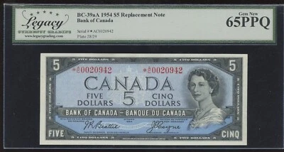 1954 Bank of Canada $5 Replacement Note - Legacy Choice New 65 PPQ - *A/C0020942 - Image 1 of 2