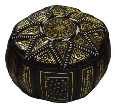 Pouf Moroccan Hassock Pooff Leather Pouff Ottoman Footstool Medium Black - Image 1 of 4