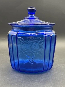 Anchor Hocking Open Rose Cobalt Blue Depression Glass Lidded Biscuit Jar - Picture 1 of 8