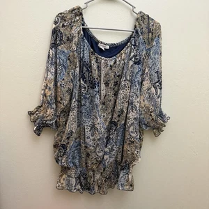 Kleid Scheune 1x Bluse Top Paisley blau 3/4 Ärmel schwarz Chiffon locker fließend 002 - Bild 1 von 8