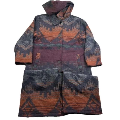 VTG Woolrich Coat Womens Medium Brown Wool Aztec Southwestern Long Hooded Trench - Image 1 of 4