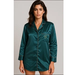 Victorias Secret Satin Sleep Shirt Nightgown Button Down Emerald Green Sleepwear - Picture 1 of 8