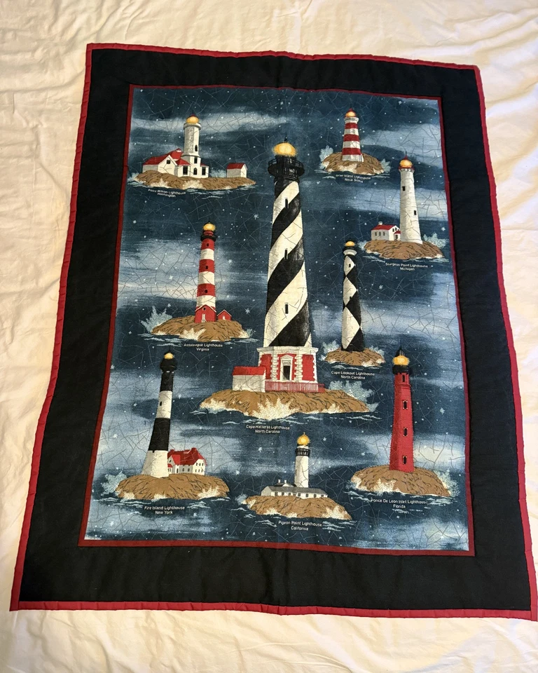Hand Quilted Panel Theme of Lighthouses, Finished, 40” x 31” w/ Rod Pocket - Image 1 of 4