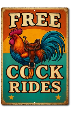 Funny Free Cock Rides Tin Sign 8x12 Aluminum Rooster Saddle Humor Wall Decor - Image 1 of 4