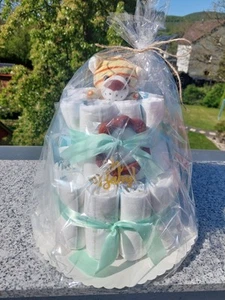 NEU: Windeltorte mit Kuscheltier, Greifring, Löffel, Babygeschenk, Geburt, Baby - Bild 1 von 3