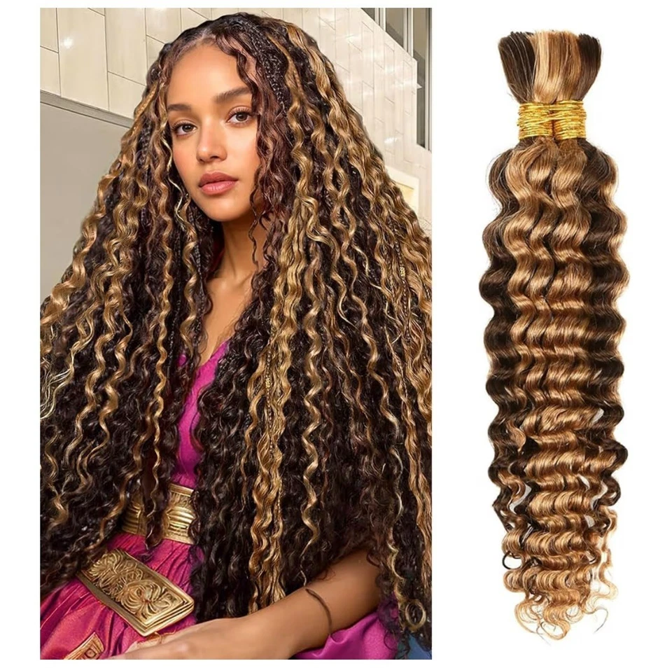 20" Human Braiding Hair Deep Wave Bulk Human Hair for Boho Braids Hair Extension - Image 1 of 3