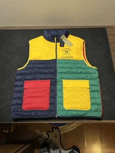 Tommy Hilfiger Vest Mens 2XL Colorblock Puffer Quilted Hooded Yellow Green Red - Picture 1 of 11