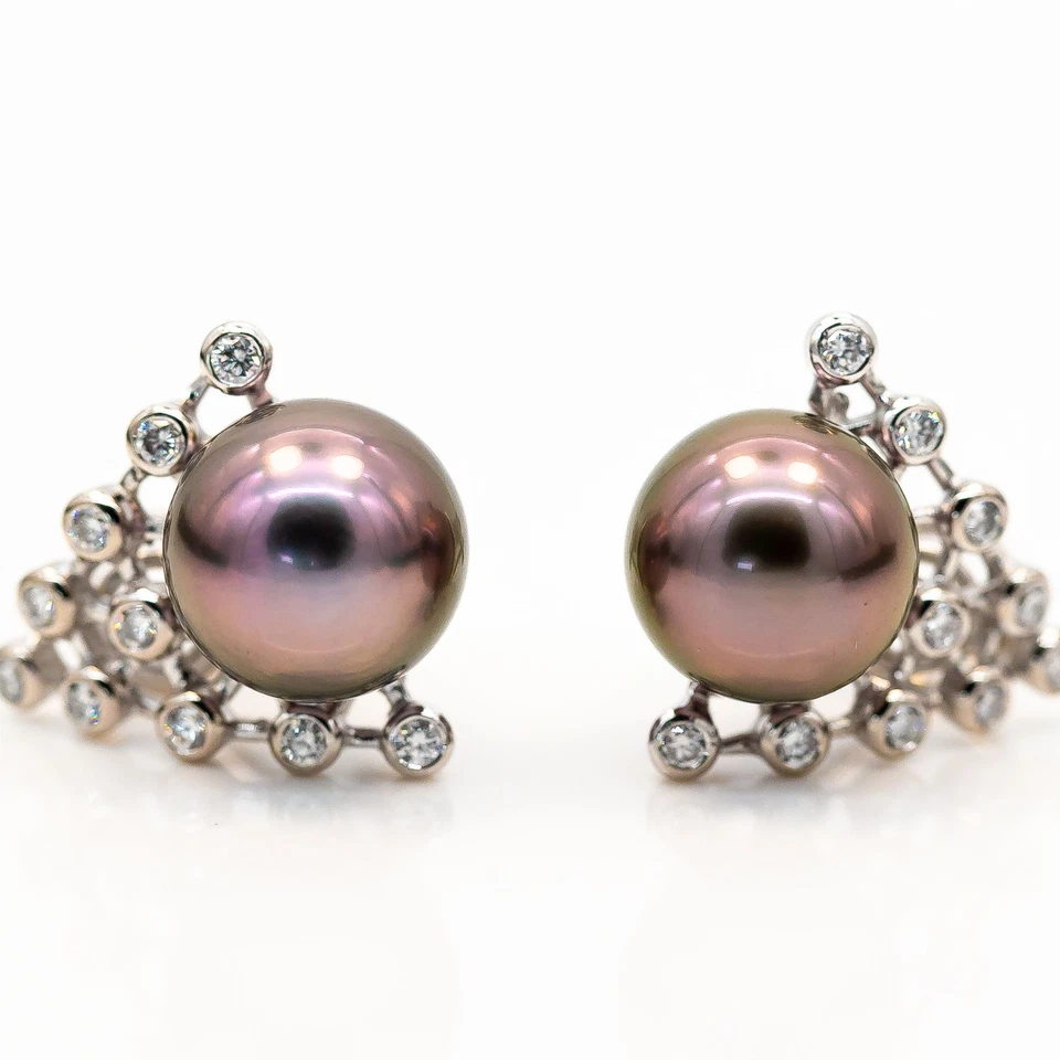 Orecchini 750/18K Oro Bianco Con Perle Di Tahiti E Diamanti Circa 1ct TW/VS - Immagine 1 di 2