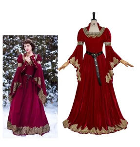 Faire Red Gown Dress Fairy Wedding Dress Fantasy Elven Dress Medieval Tudor - Picture 1 of 6