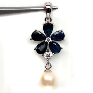 9-10MM PEARL & BLUE SAPPHIRE STERLING SILVER PENDANT W/SILK CORD kbc-affordable