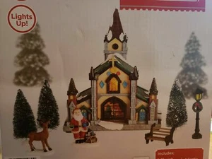 Holiday Time 8 Piece Church Set Figures Santa Reindeer Bench Tree New - Picture 1 of 1
