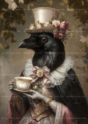 ELEGANTE IMPRESIÓN ARTÍSTICA DE CUERVO VICTORIANO, sombrero animal decoración pájaro, póster de cuervo F854 Foto 1 de 2